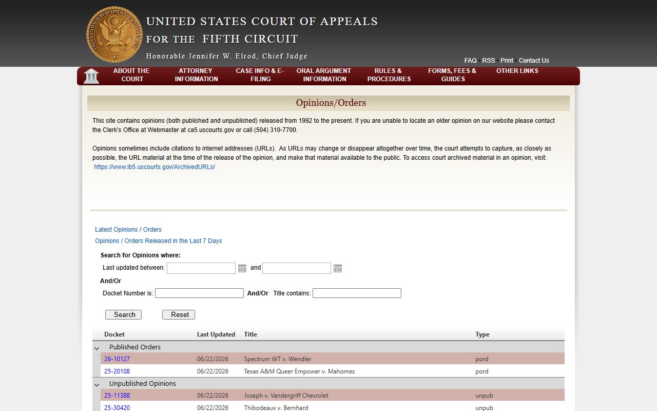 Fifth Circuit opinions page with federal appellate records relevant to Humphreys County cases