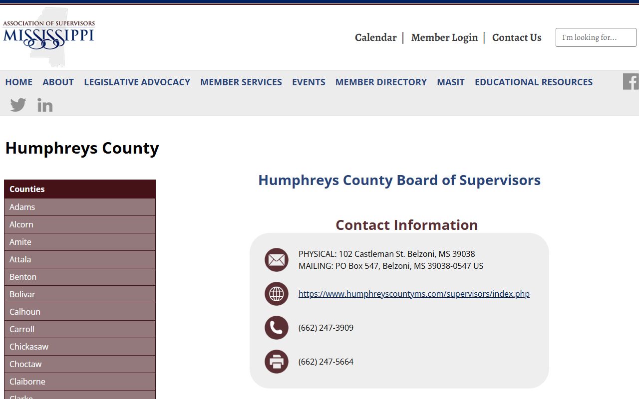 Mississippi Association of Supervisors profile listing the Humphreys County Circuit Clerk