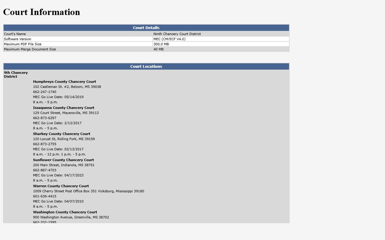 Humphreys County court dockets Chancery Court MEC information page