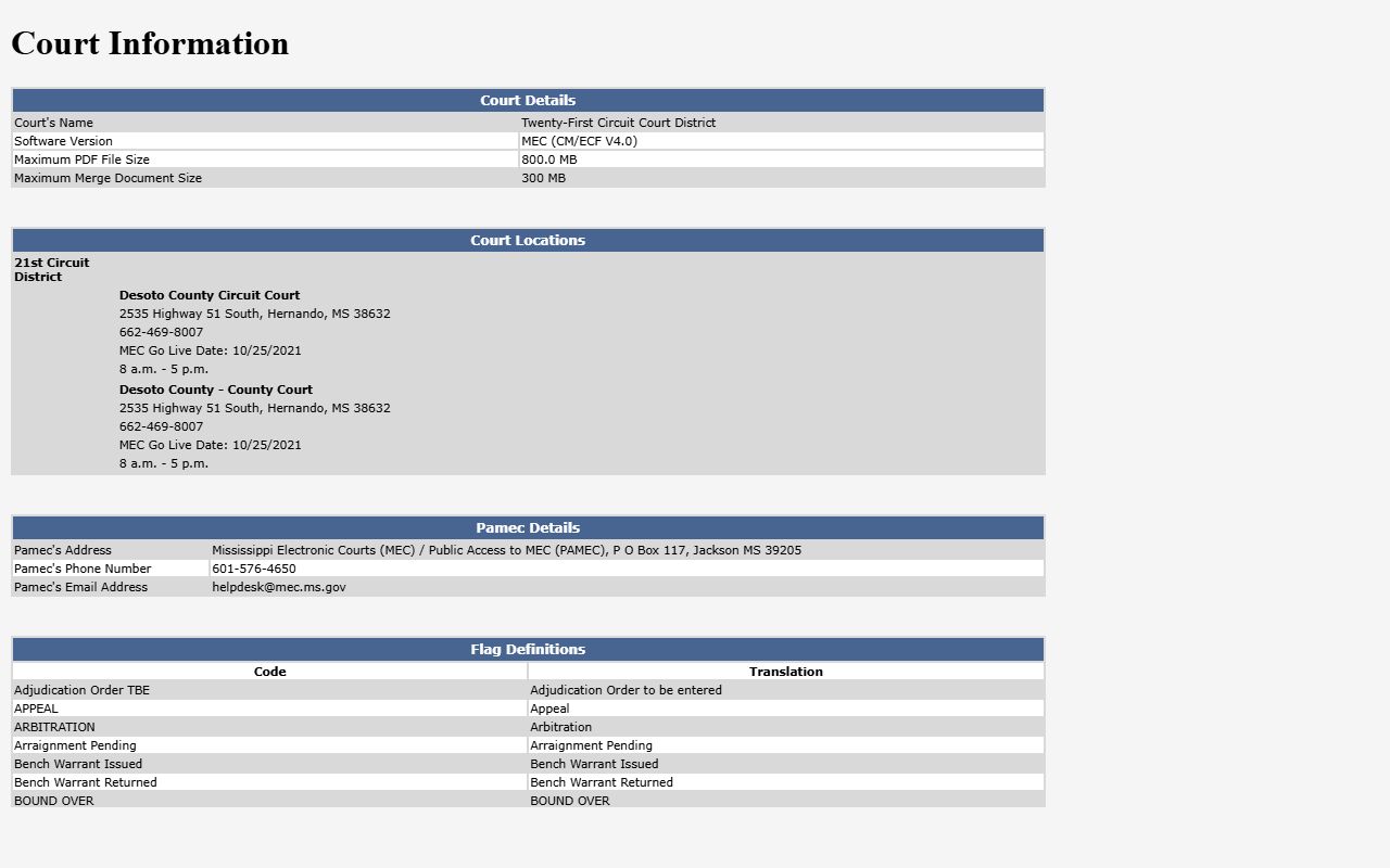 Humphreys County court dockets Circuit Court MEC flag definitions page