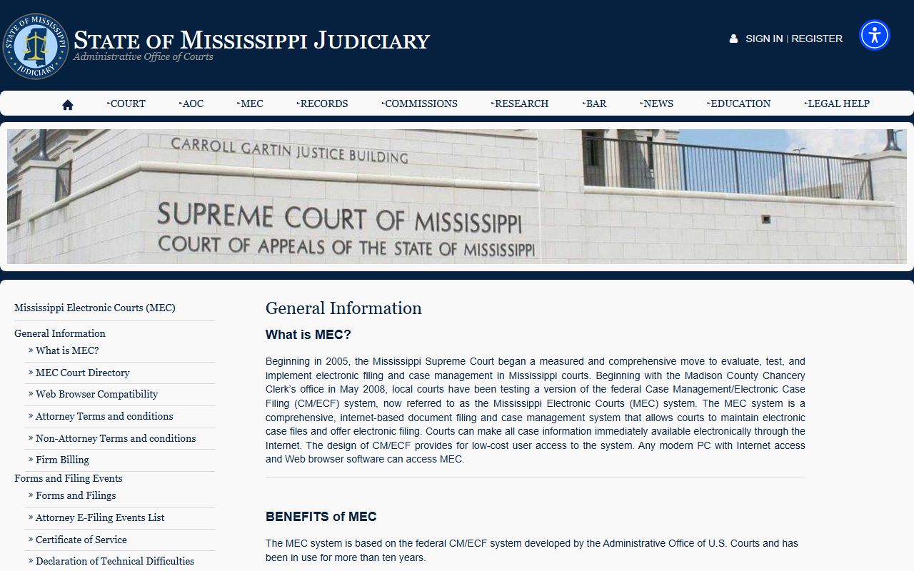 MEC general information page describing the system behind Humphreys County court records
