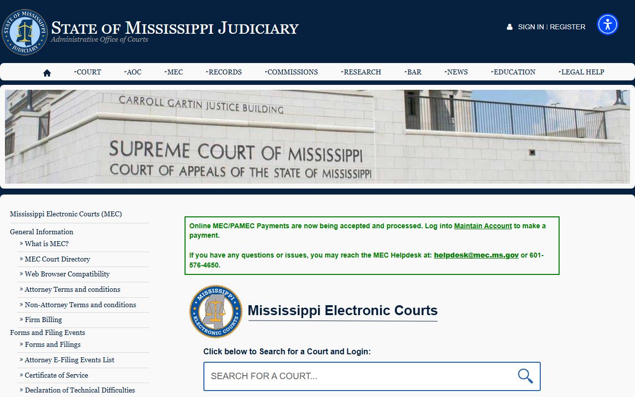 Mississippi Electronic Courts participating-courts page used to find Humphreys County court records