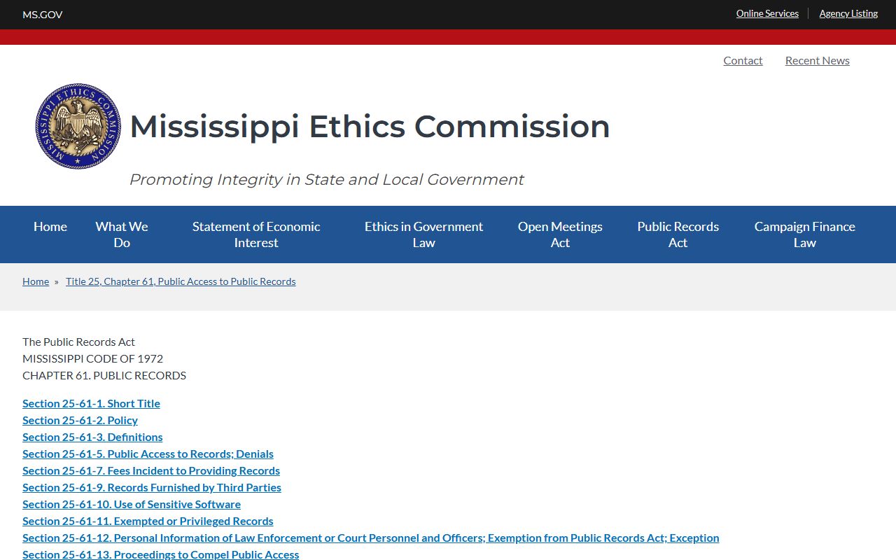 Mississippi Public Records Act page covering access and exemptions for Humphreys County court records