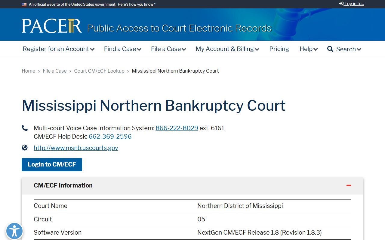 PACER court lookup for Northern Mississippi Bankruptcy Court federal records affecting Humphreys County