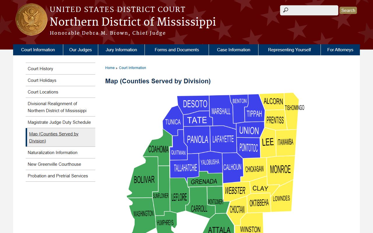 Northern District of Mississippi division map showing Humphreys County federal court records assignment