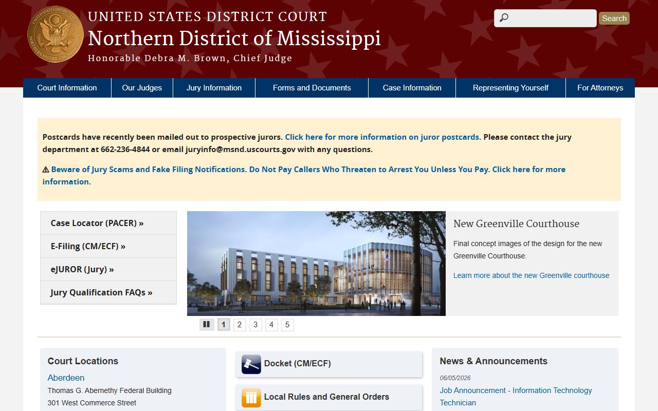U.S. District Court for the Northern District of Mississippi home page for Humphreys County federal court records