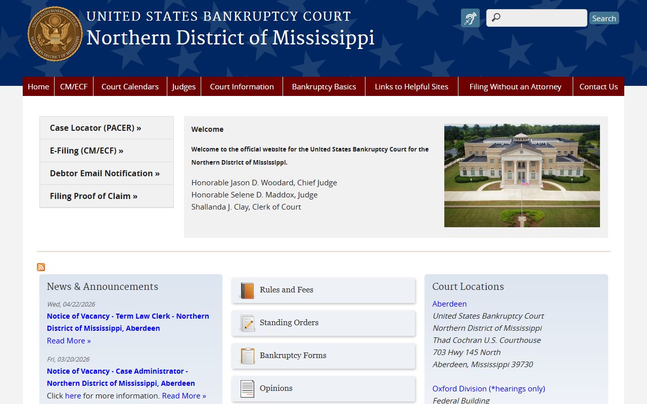 U.S. Bankruptcy Court for the Northern District of Mississippi handling Humphreys County federal court records