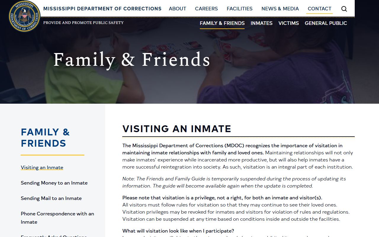 MDOC family and friends visitation page for Humphreys County inmate visits
