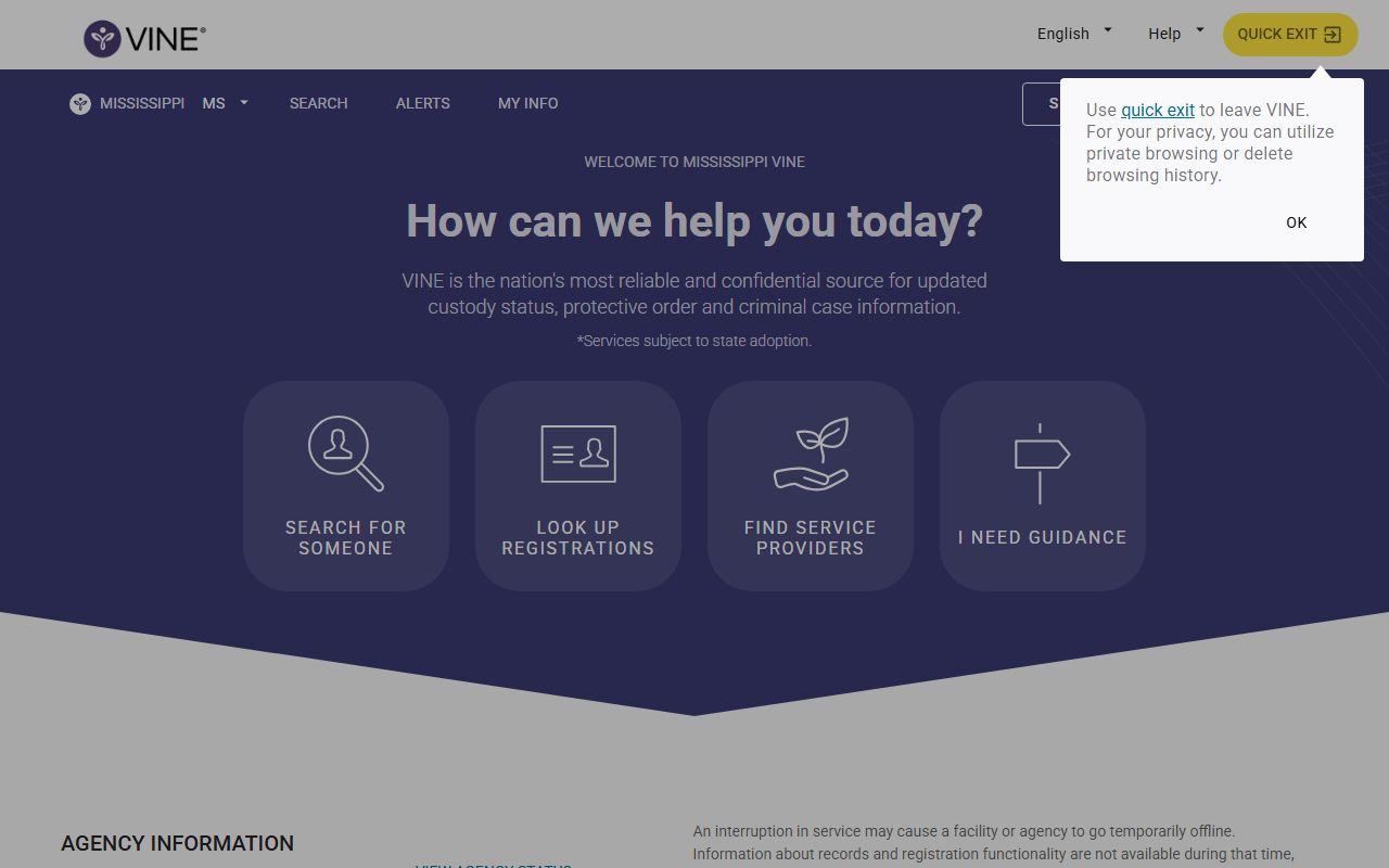 Mississippi VINE portal used for a Humphreys County inmate custody search