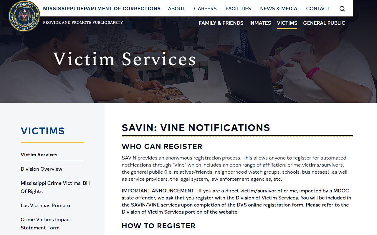 SAVIN and VINE registration page for Humphreys County inmate custody alerts