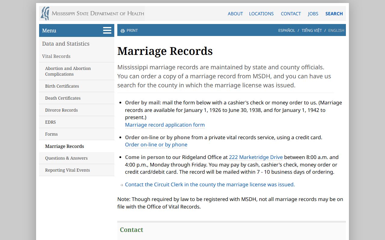 Humphreys County marriage records guidance on the Mississippi State Department of Health page