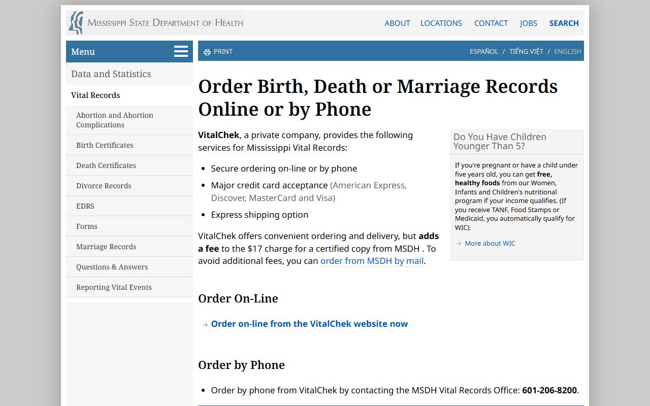 Mississippi vital records ordering page used for Humphreys County marriage and divorce record copies