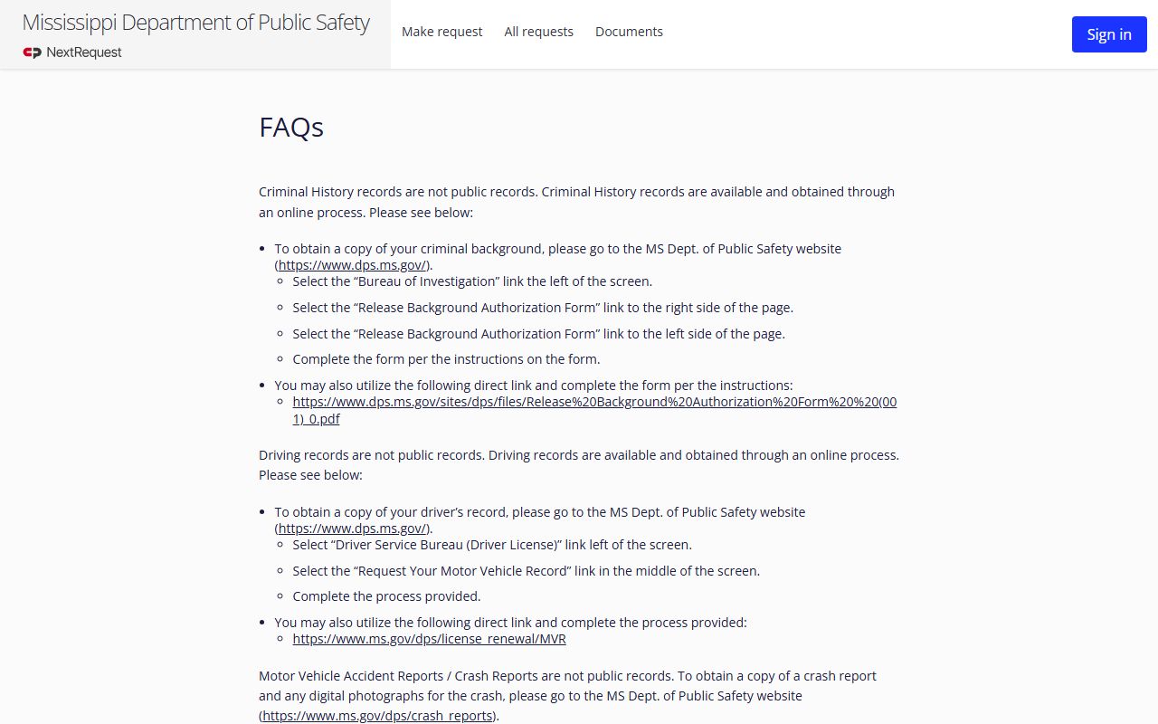 Humphreys County traffic driver record request answers on the DPS NextRequest FAQ page
