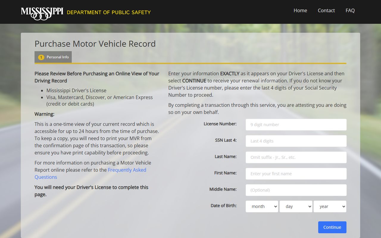 Humphreys County traffic driver record purchase page at the Mississippi DPS portal