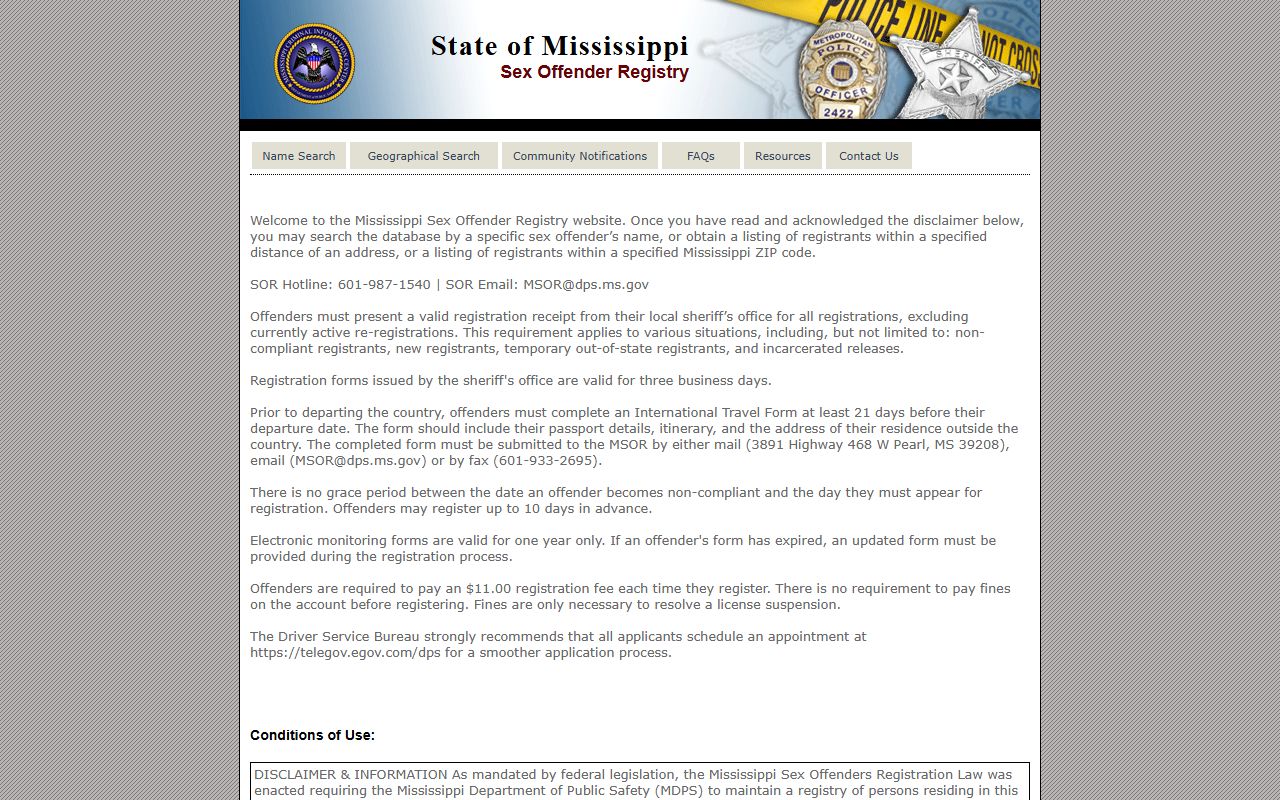Mississippi DPS sex offender registry used alongside a Humphreys County warrant check